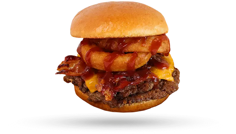 Burger with bacon and onion rings